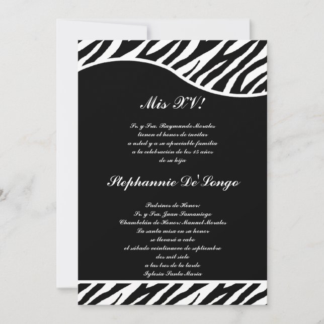 5x7 Black and White Zebra Quinceanera Party Einladung (Vorderseite)