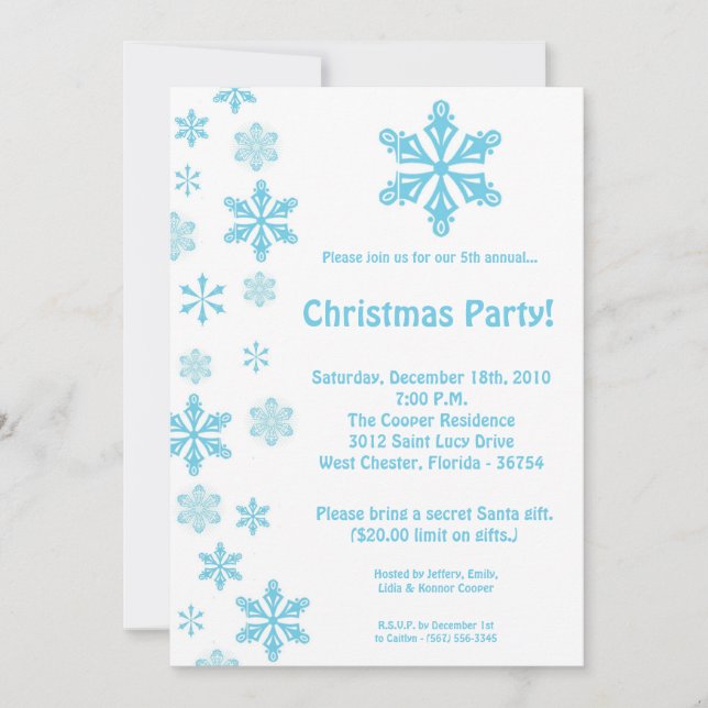 5x7 Blue Snowflakes Christmas Party Einladung (Vorderseite)