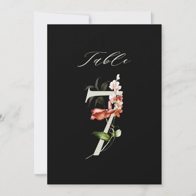 5x7 Botanical Floral Number 7, Black Table Number Einladung (Vorderseite)