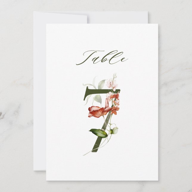 5x7 Botanische Blumen Zahl 7, Tisch Nummer Karte (Vorderseite)
