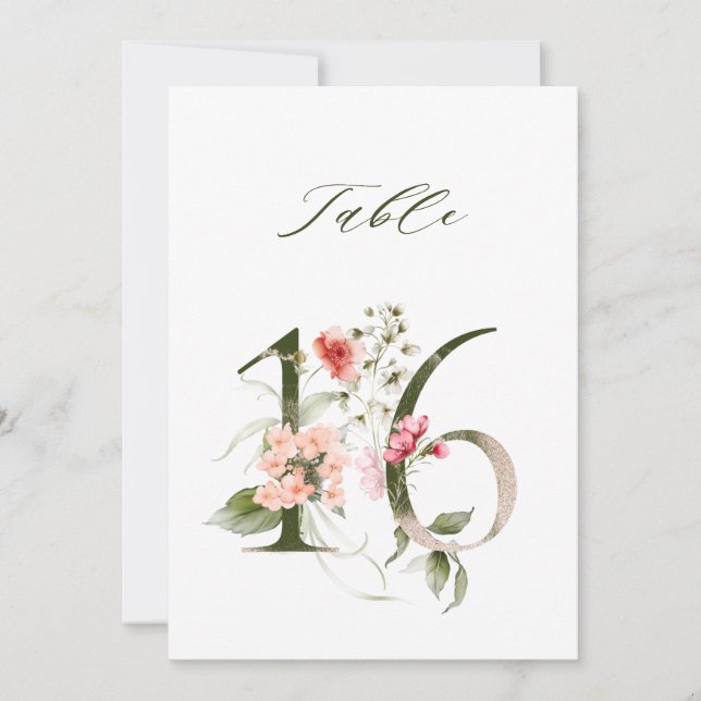 5x7 Botanische Blumige Zahl 16, Tischkarte Einladung (Vorderseite)