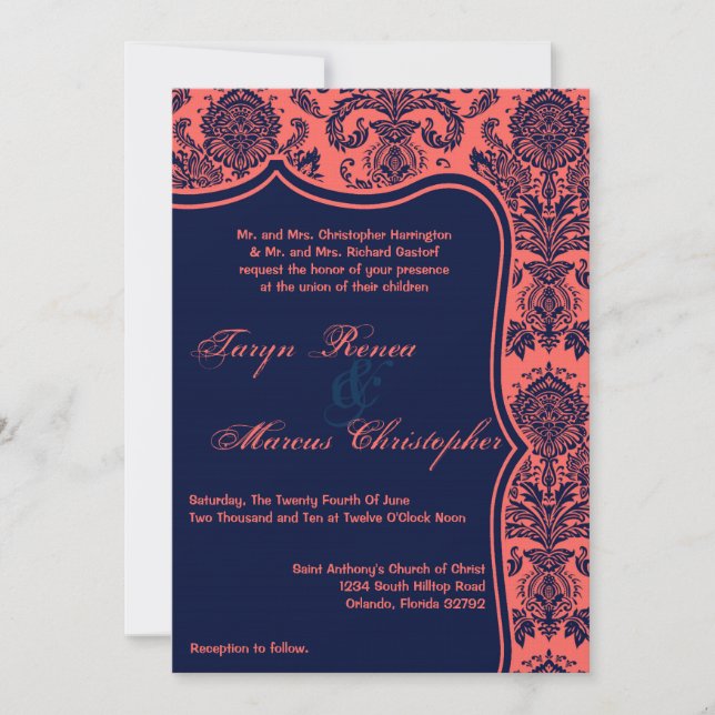 5x7 marineblaue Korallen-Damask-Lace-Hochzeitseinl Einladung (Vorderseite)
