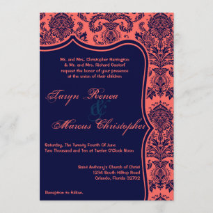 5x7 marineblaue Korallen-Damask-Lace-Hochzeitseinl Einladung