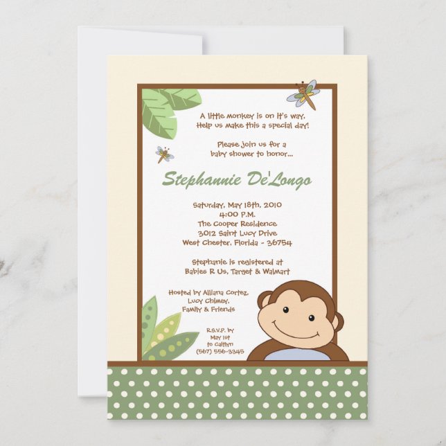 5x7 Papagayo Monkey Safari Baby Shower Einladung (Vorderseite)