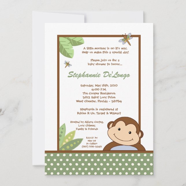 5x7 Papagayo Monkey Safari Baby Shower Einladung (Vorderseite)