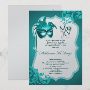 5x7 Teal Masquerade Mask Quinceanera Invitation Einladung
