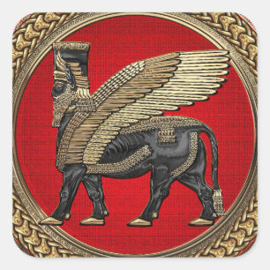 [600] Assyrian Winged Bull: Gold und Black Lamassu Quadratischer Aufkleber