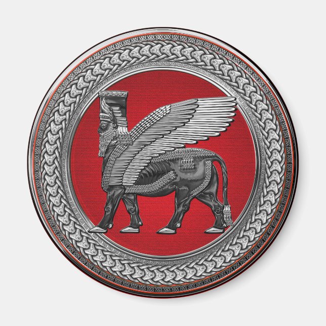 [600] Assyrian Winged Bull: Silver & Black Lamassu Magnet (Vorne)