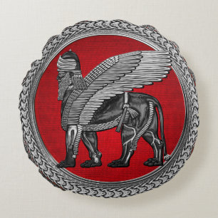 [600] Assyrian Winged Lion: Silver & Black Lamassu Rundes Kissen