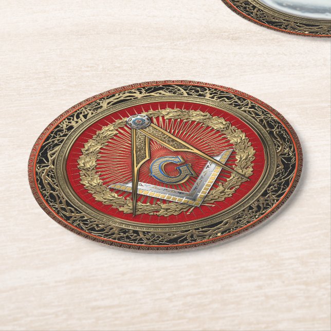 [600] Master Mason - Gold Square & Compasses Runder Pappuntersetzer (Angewinkelt)