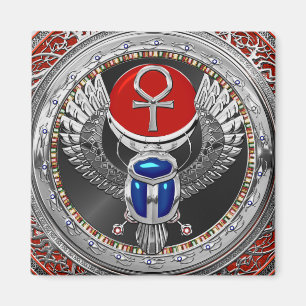 [600] Sacred Silver Egyptian Winged Scarab & Ankh Magnet