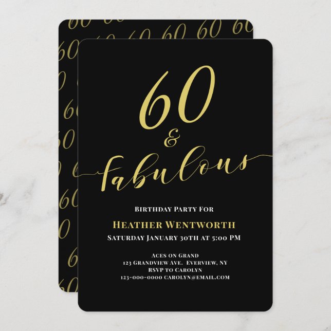 60 and Fabulous 60th Birthday Gold Black Script Einladung (Vorne/Hinten)