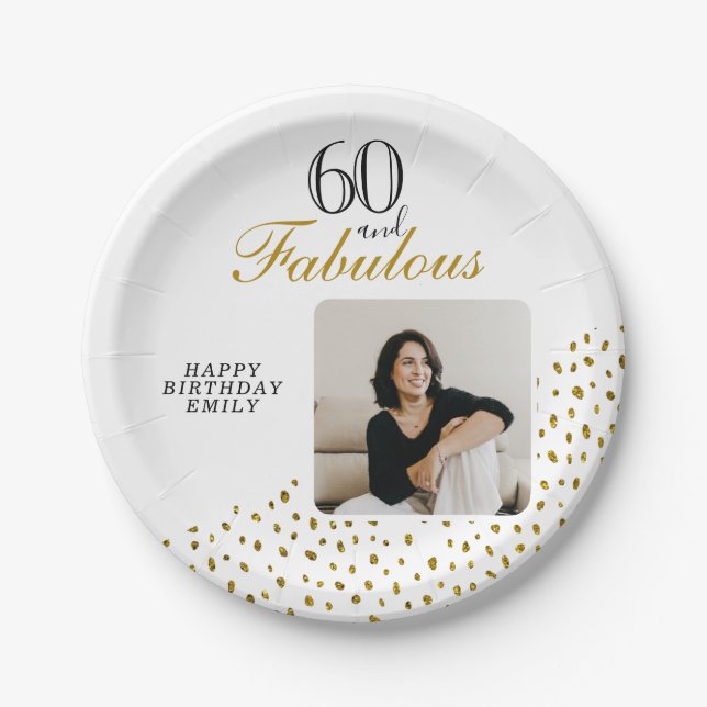 60 and Fabulous Gold Glitter Photo 60th Birthday Pappteller (Vorderseite)
