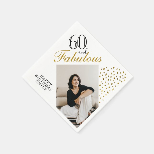 60 and Fabulous Gold Glitter Photo 60th Birthday Serviette (Ecke)