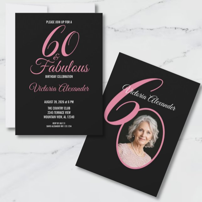 60 and Fabulous Pink Black Photo 60th Birthday Einladung (60 and Fabulous Pink Black Photo 60th Birthday Invitation)