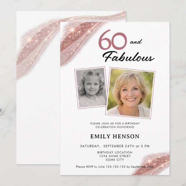 60 and Fabulous Rose Gold 2 Photo Birthday Einladung (Vorne/Hinten)