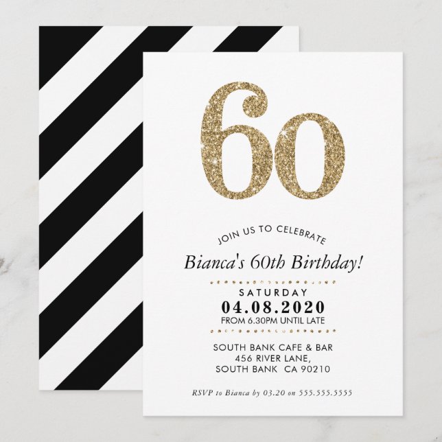 60. BIRTHDAY PARTY INVITE Moderner Glitzer Einladung (Vorne/Hinten)