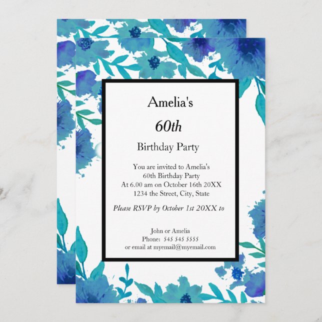 60. blauen Blumen Geburtstagsparty Einladung (Vorne/Hinten)