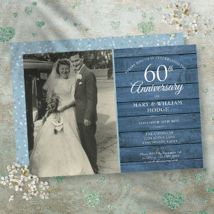 60. Diamantene Hochzeit Foto Blau Rustikal Einladung