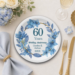 60. Diamantene Hochzeitstag mit blauer floraler Ge Pappteller