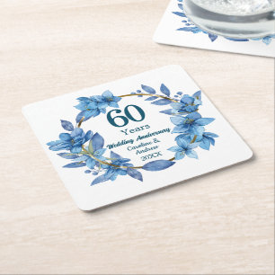 60. Diamantene Hochzeitstag mit blauer floraler Ge Rechteckiger Pappuntersetzer