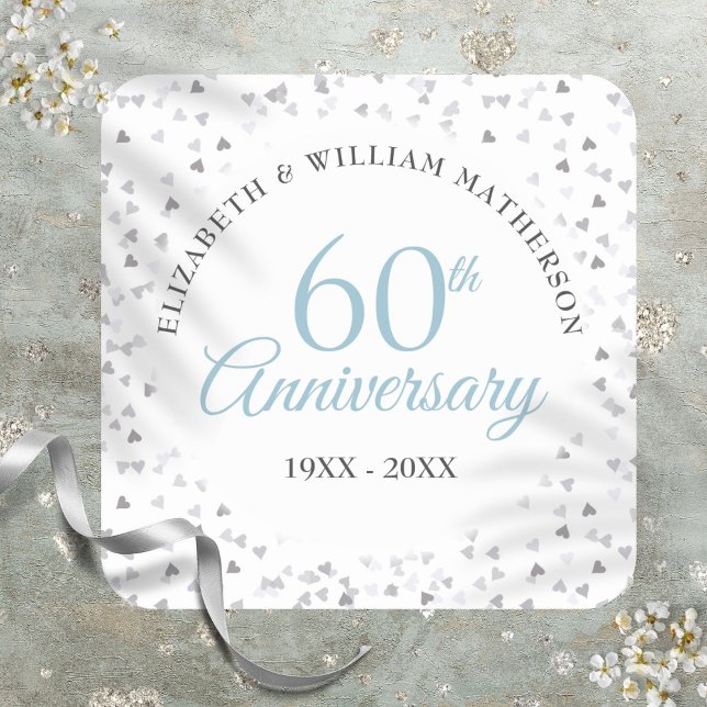 60. Diamond Anniversary Hearts Confetti Quadratischer Aufkleber (60th Diamond Anniversary Hearts Confetti Square Sticker)