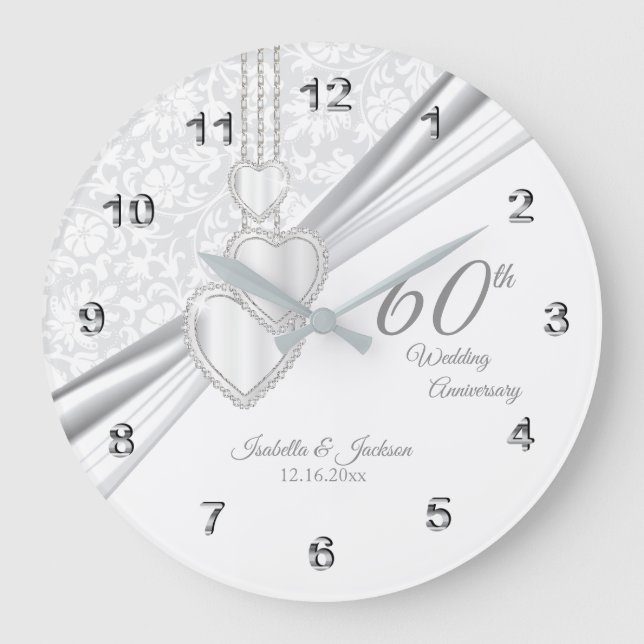 60. Diamond Wedding Anniversary Design auf Weiß Große Wanduhr (Vorderseite)