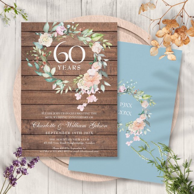 60. Diamond Wedding Anniversary Floral Rustic Einladung (Von Creator hochgeladen)