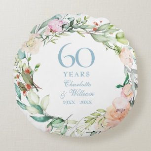 60. Diamond Wedding Anniversary Foto Floral Rundes Kissen