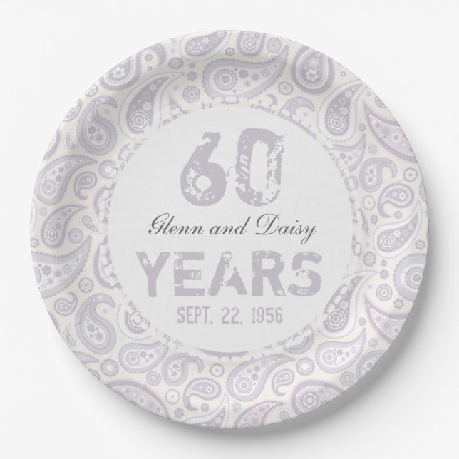 60. Diamond Wedding Anniversary Paisley Pattern Pappteller (Vorderseite)