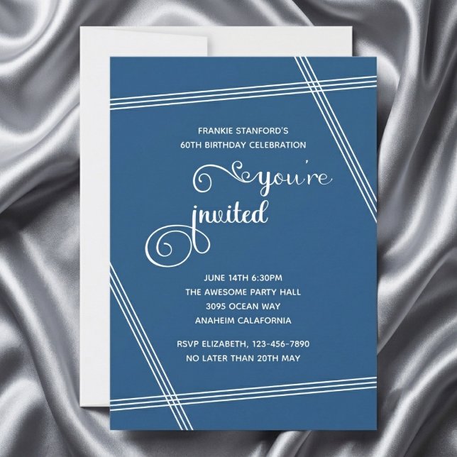 60. einfache moderne elegante Geburtstagseinladung (60th birthday blue invite on grey silk background.)