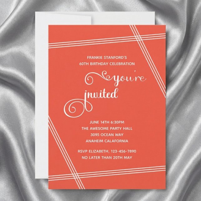 60. einfache moderne elegante Geburtstagseinladung (6Oth birthday. Orange invitation. Grey silk background.)