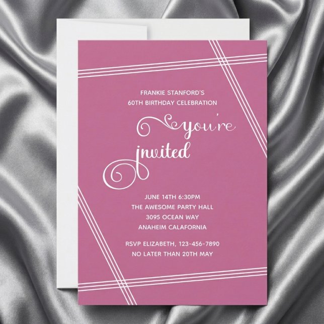 60. einfache moderne elegante Geburtstagseinladung (Pink 60th birthday invitation on grey silk background.)