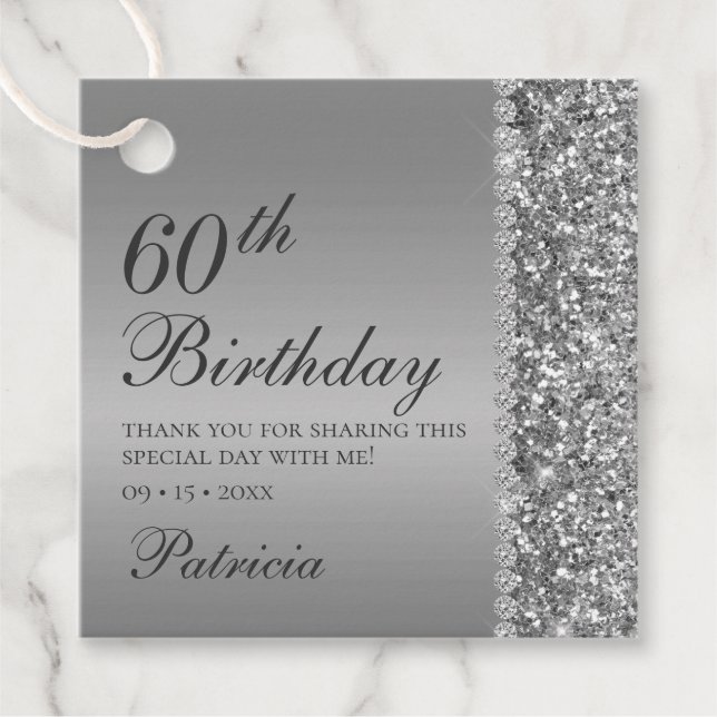 60. Elegant Silver Birthday Geschenkanhänger (Vorderseite)