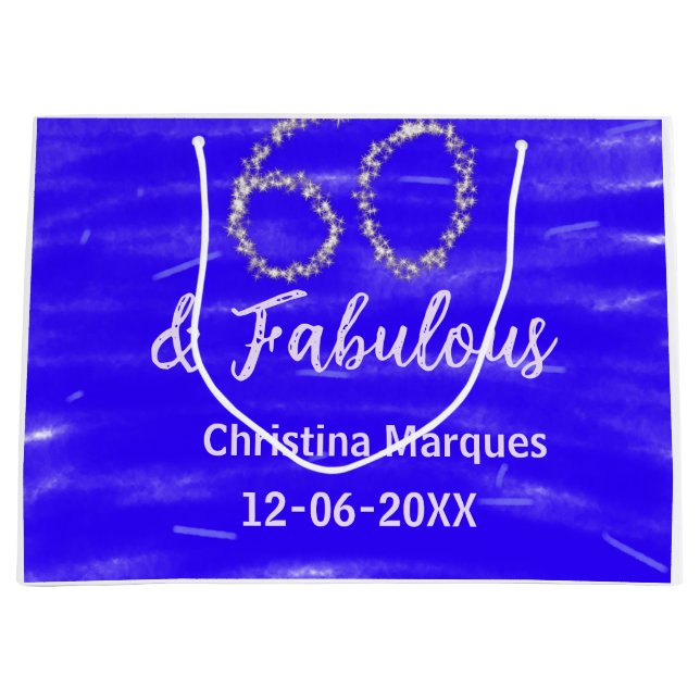 60 & fabelhafte Geburtstagsblauer Silbernamensdatu Große Geschenktüte (Vorderseite)