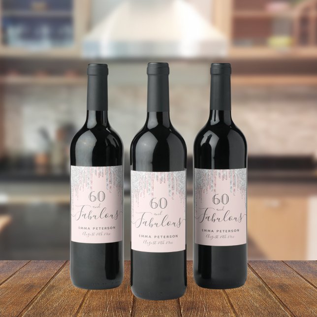 60 fabelhafte Rose Gold Glitzer Rosa Silber Weinetikett (Von Creator hochgeladen)