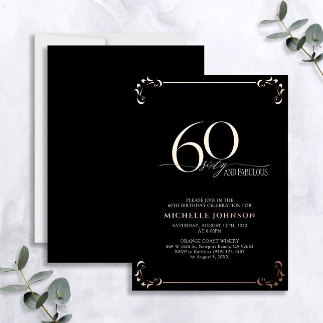 60 & Fabulous Black Rose Gold Calligraphie Geburts Folieneinladung (Von Creator hochgeladen)