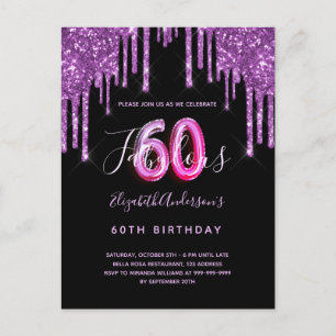 60 & Fabulous Glitzer tropfend schwarz lila Glam Postkarte
