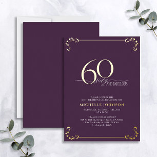 60 & Fabulous Lila & Gold Calligraphy Birthday F Folieneinladung
