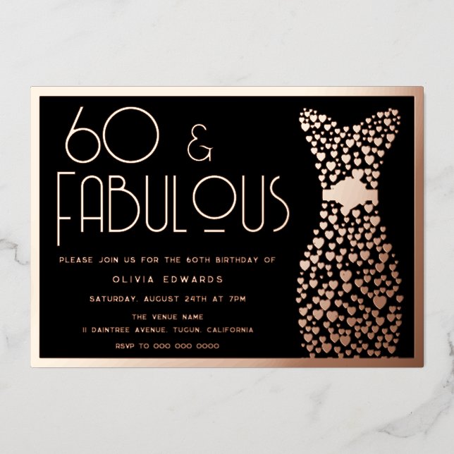 60 & Fabulous! Rose Gold & Black 60th Birthday  Folieneinladung (Vorderseite)