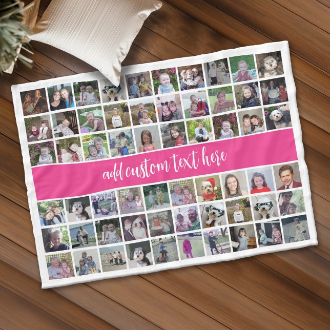 60 Foto Collage Grid - Script Text - Hot-Rosa Fleecedecke (Custom Fleece Blanket - Add Photos and Text)