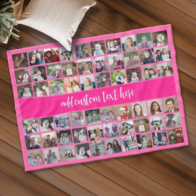 60 Foto Collage Grid - Script Text - Hot-Rosa Fleecedecke (Custom Fleece Blanket - Add Photos and Text)