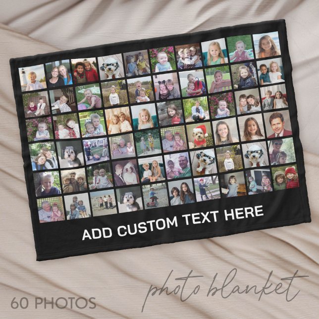 60-Foto-Collage-Raster - Schwarz mit weißem Text Fleecedecke (Photo Blanket - Custom Pictures in a Collage)