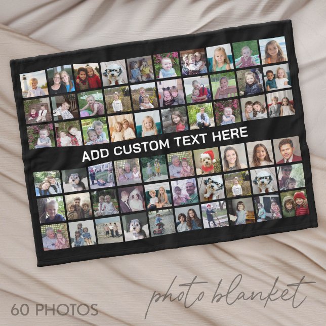 60-Foto-Collage-Raster - Schwarz mit weißem Text Fleecedecke (Photo Blanket - Custom Pictures in a Collage)