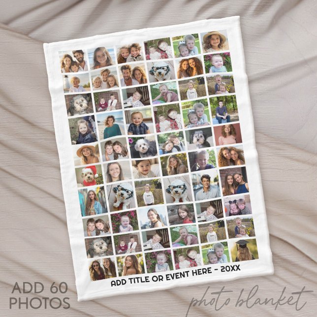60-Foto-Raster - Benutzerdefinierter Text - Weiß Fleecedecke (Custom Fleece Blanket with Photo Collage)