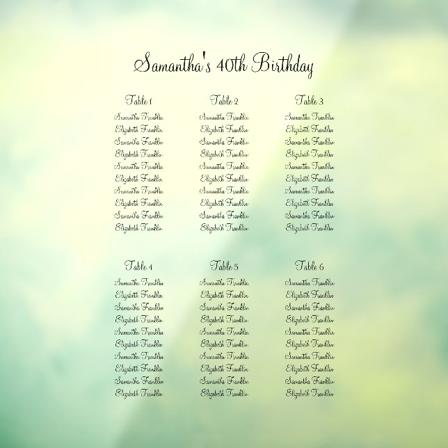 60 Gäste an 6 Tischen Moderne Elegante Kalligraphi Fensteraufkleber (Blatt 3)