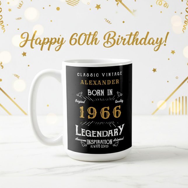 60. Geburtstag 1966 Legendär Retro Kaffeetasse (1966 coffee mug on a white and gold background.)