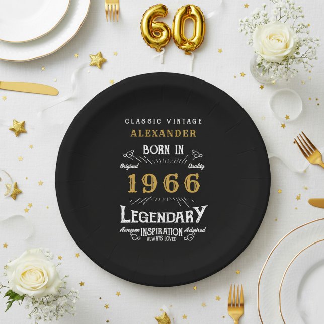 60. Geburtstag 1966 Legendär Retro Pappteller (1966 black paper plate on a white and gold background.)