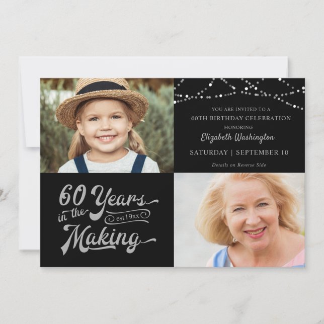 60. Geburtstag 2 Fotos Silver String Lights Einladung (Vorderseite)