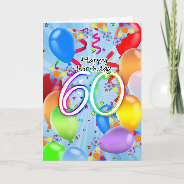 60. Geburtstag - Balloon Birthday Card - Happy Bir Karte (Vorderseite)